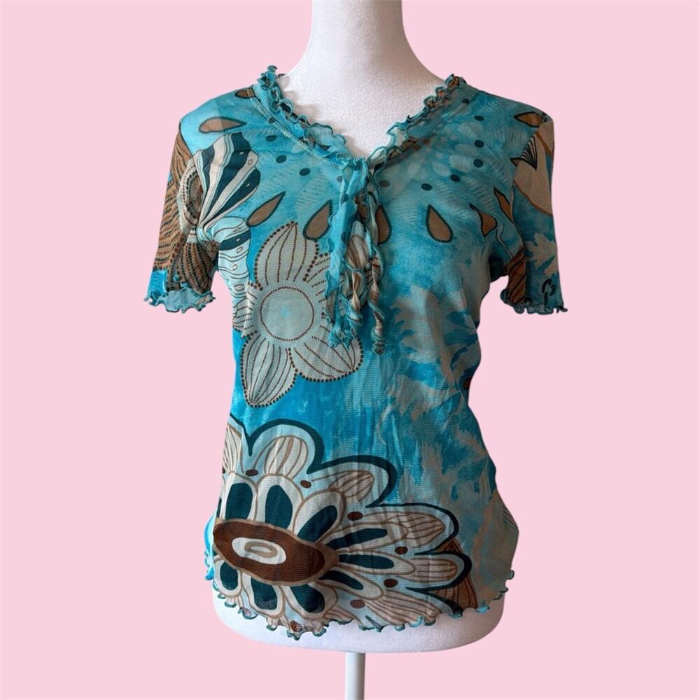 Y2K Italian blue floral mesh blouse with brown and beige floral and leaf motifs